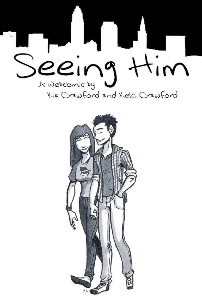 the cover for seeing him, a transgender romantic comedy comic. On it we see a city skyline in negative silhouette. Walking below it are a young woman and a transgender man, smiling and holding hands.