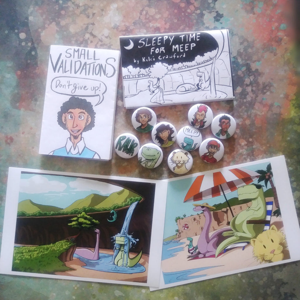 the validation and mr dino bundle on storenvy, featuring two zines, two button sets, and two miniprints.