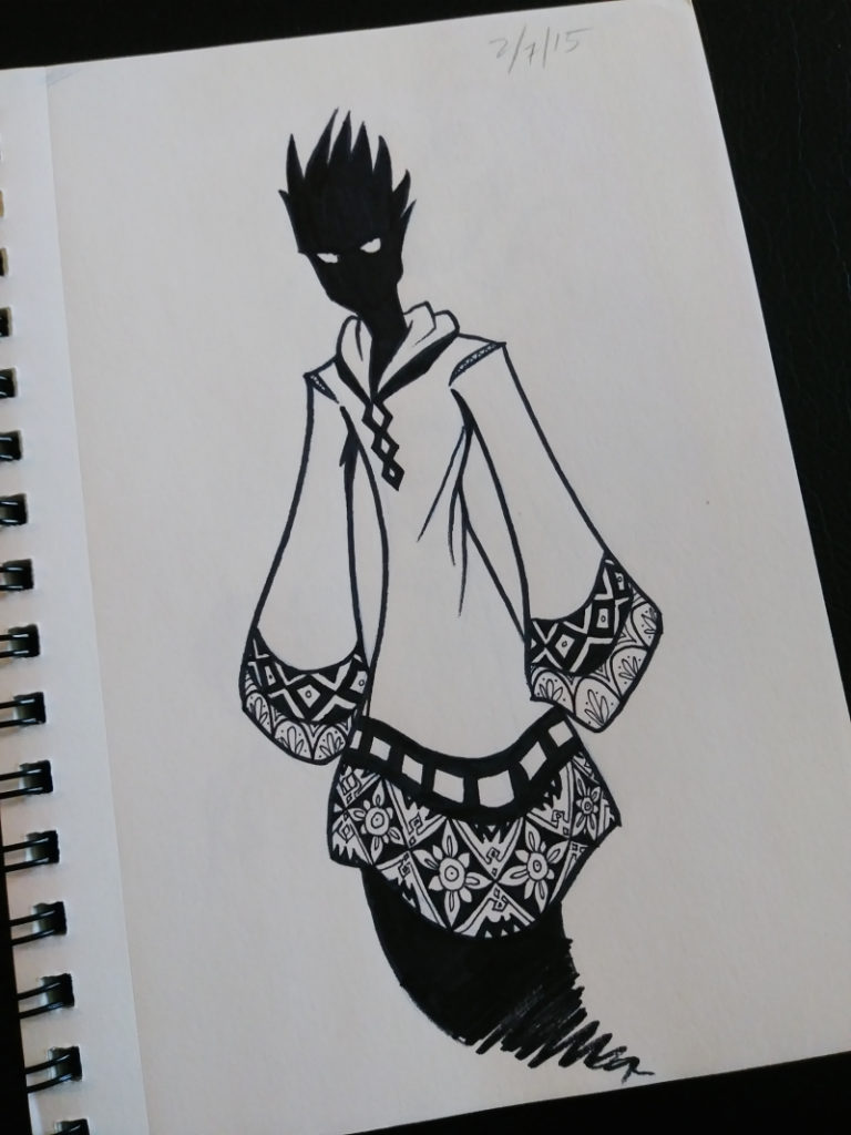 a black and white marker sketch of a pure black being with ghost white eyes in a robe. The robe has detailed borders on the sleeves and bottom.