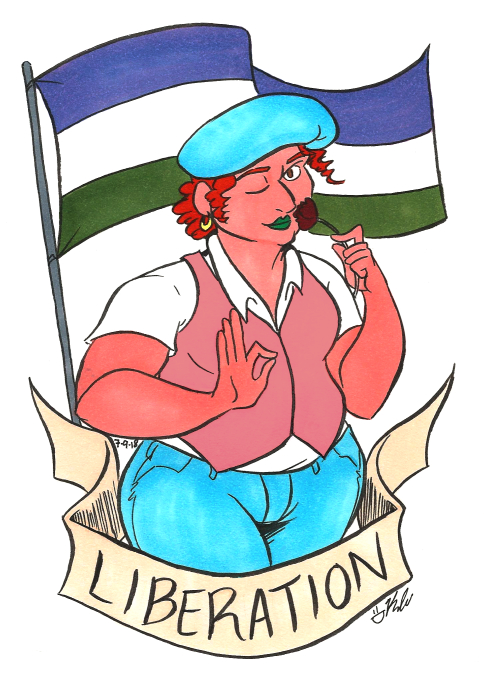 an illustration of a plump transgender/nonbinary person holding a flower. Below them is a banner saying "liberation" and above them flies the genderqueer flag.
