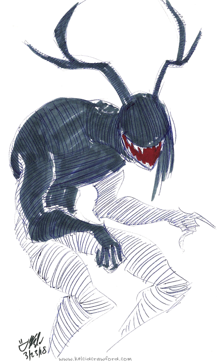 monster madness horror sketch art, showing an eyeless, hunched-over, horned monster with a large grin laughing and pointing.