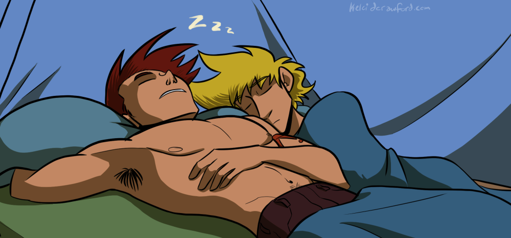 thomas and jamie, the main characters of The Legend of Jamie Roberts, are asleep in their tent.