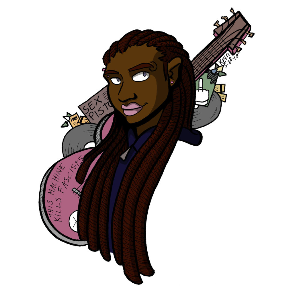 2015 character design featuring a black punk girl in dreadlocks, drawn in portrait with a pink guitar and punk records in the background for flair. The guitar says "THIS MACHINE KILLS FASCISTS."