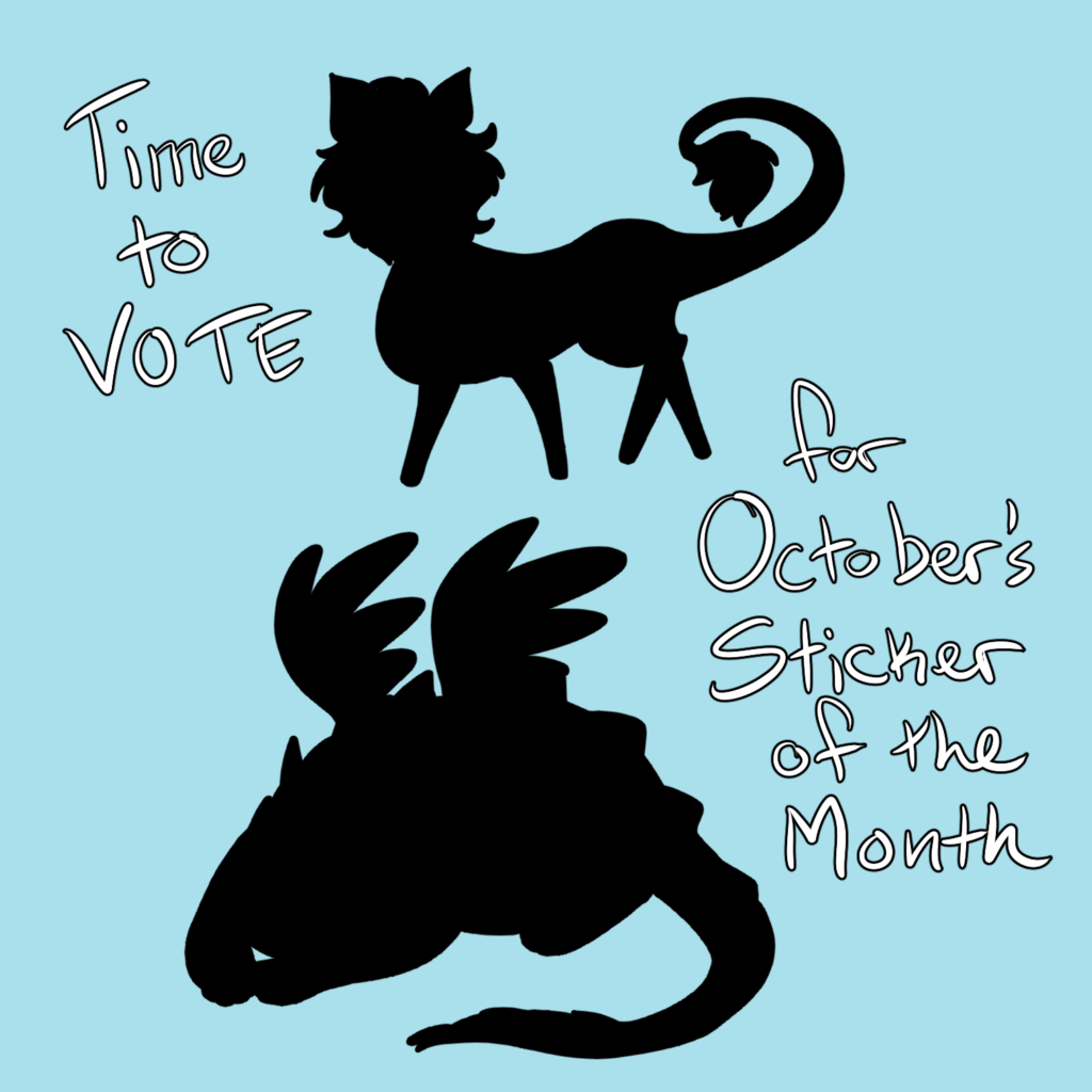 time to vote for October's sticker of the month! Two options are presented in black silhouette.