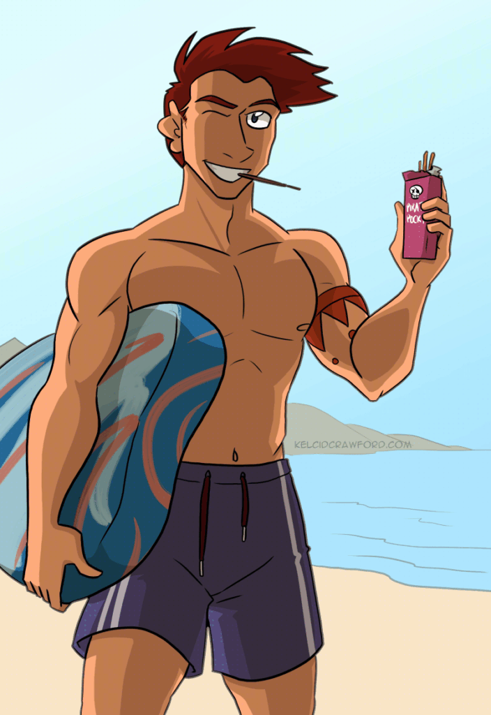 thomas at the beach, shirtless and holding a wake board and a box of pocky. He smiles and winks at the viewer