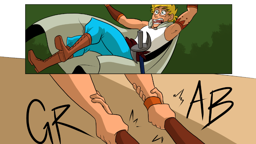 two wide comics panels. Panel 1: a genderqueer person in a green cape, blue pants, brown boots, and white sleeveless short falls, a look of shock on their face. They are in freefall.
Panel 2: two hands clap the hands of the genderqueer person. Sound effects say "GRAB"