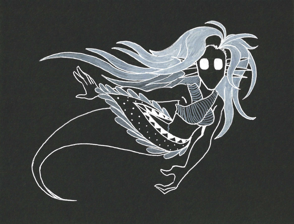 mermaid drawn in white on black paper