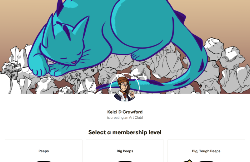 a screencap of Kelci D Crawford's Patron Art Club. In it, we see a blue cat with dragon scales down its back sleeping on a hoard of paper balls.