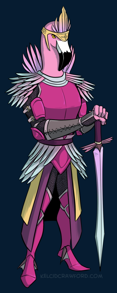 a man with a flamingo head stands at attention. He wears pink and gray armor with yellow and purple accents. The shoulders and hip pauldrons are covered in pink and light blue feathers. He holds a sword with pink and purple accents on the handle, and the blade has a pink and blue gradient color to it.