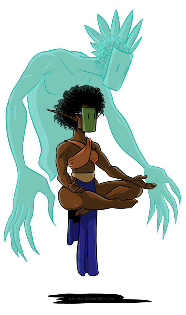an elf with dark brown skin sits in the air, wearing a neon green mask made of wood. Behind her floats an ethereal masked spirit with enlarged, clawed hands.