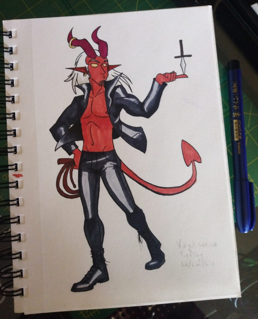 a sketchbook page showing a red-skinned demon man with white hair. His black leather jacket flies open to show off his lean chest. He holds a whip in one hand and balances a small knife on one finger in the other.