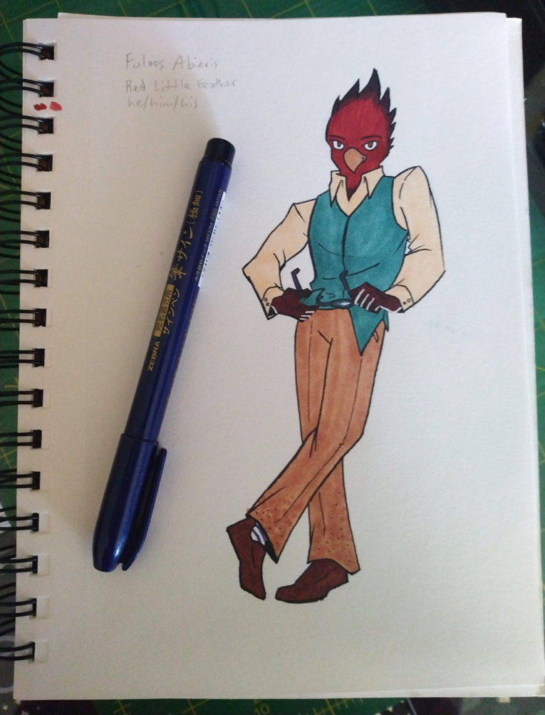 a sketchbook page showing a bird man with red feathers. He's wearing formal wear with sand scattering on the bottom of the pants legs. He wipes his glasses with the corner of his vest.