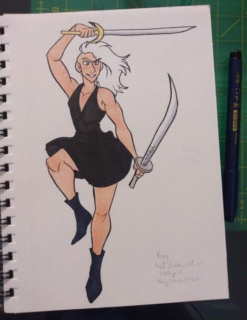 a sketchbook page showing a feminine-presenting genderqueer person with a white mohawk and freckles on their face, chest, and arms. As their black dress flows around them, they wield two swords and a confident smirk.
