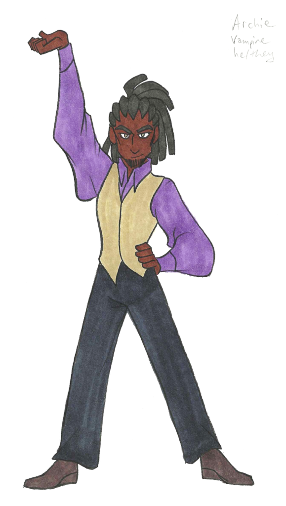 day 14 of inktober - Archie, a short man with dark brown skin, thick dreadlocks, and golden eyes. He strikes a flamboyant pose while wearing a poofy purple shirt under a slim gold vest and well-tailored pants and leather shoes.