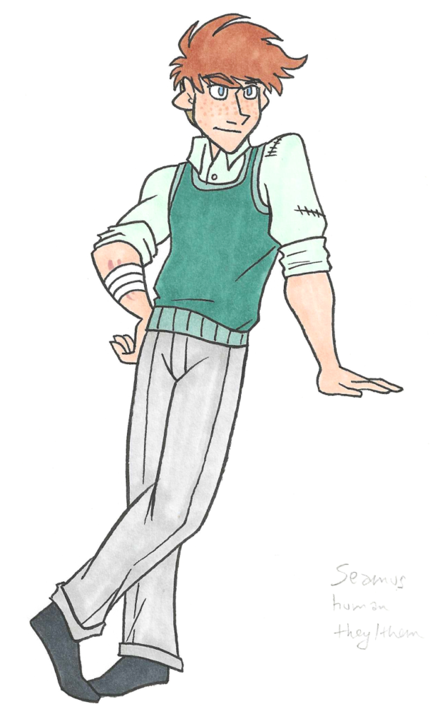 Inktober day 15 - Seamus, a genderqueer human with messy brown hair, pale skin, and freckles across their face. They wear a teal sweater vest over a pale green button-down shirt. The shirt has tears that have been patched. 