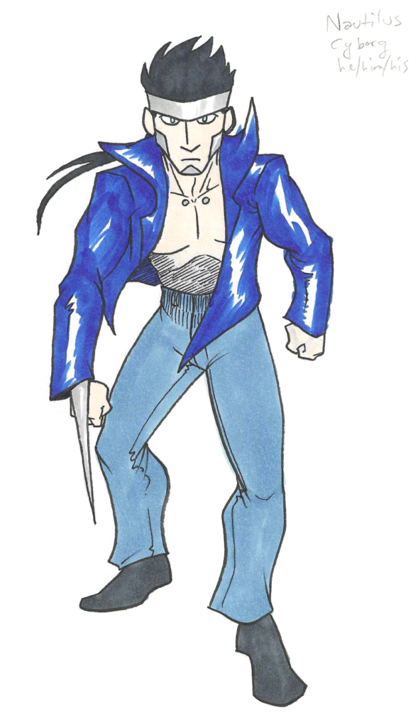 inktober day 16 - Nautilus. A male cyborg with black hair, pale skin, and piercing blue eyes. He wears a blue leather jacket with no shirt underneath. Out of one sleeve emerges a pointed blade.