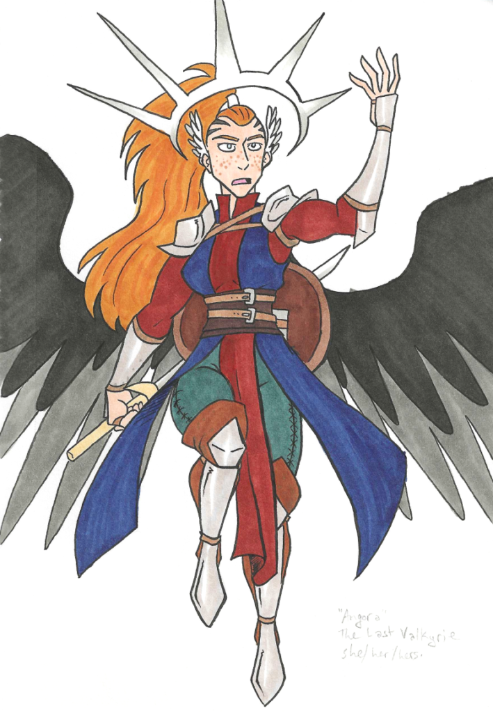 day 17 - angora the last valkyrie. A woman flies, regal and proud, one hand raised. Her fiery red hair is shaved on the sides of the scalp, and the rest is pulled back into a high tail that reaches down to her mid-back. Her black wings extend out. She wears red leather under a long blue vest. Both are laid over dark green leggings and tan boots She wears armor on her shoulders, forearms, and shins. In her lower hand she wields a sword with a golden hilt.