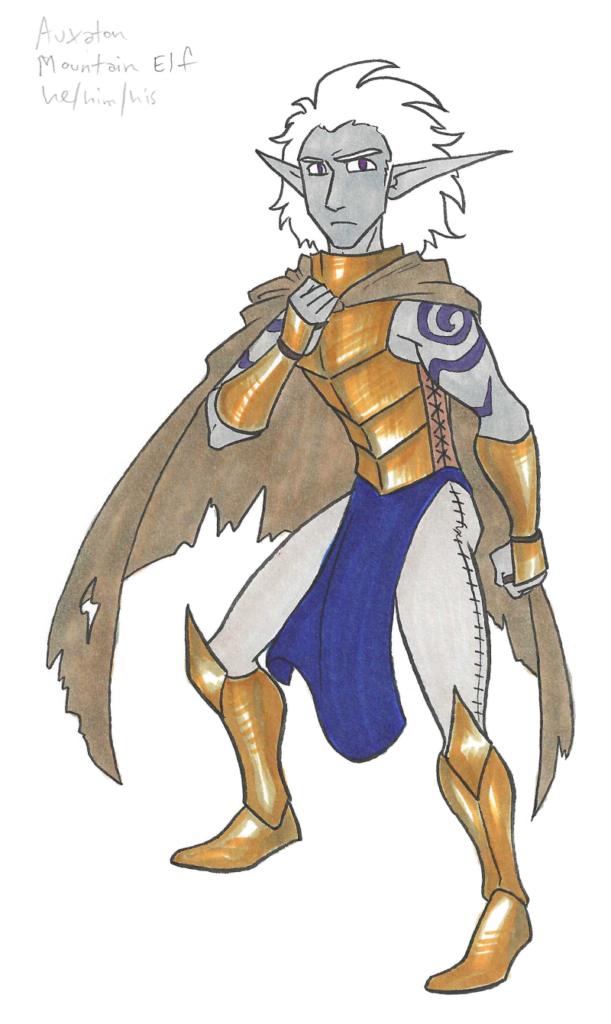 Inktober day 18 - Auxaton the Gray. A gray-skinned elf crouches down, ready to run. He wears a shining golden breastplate, boots, and arm gauntlets. He narrows his violet eyes at the viewer with a look of determination. He also wears a tattered brown cloak, a long, dark blue loin cloth, and gray leggings. On his shoulders and upper arms are swirling indigo tattoos.