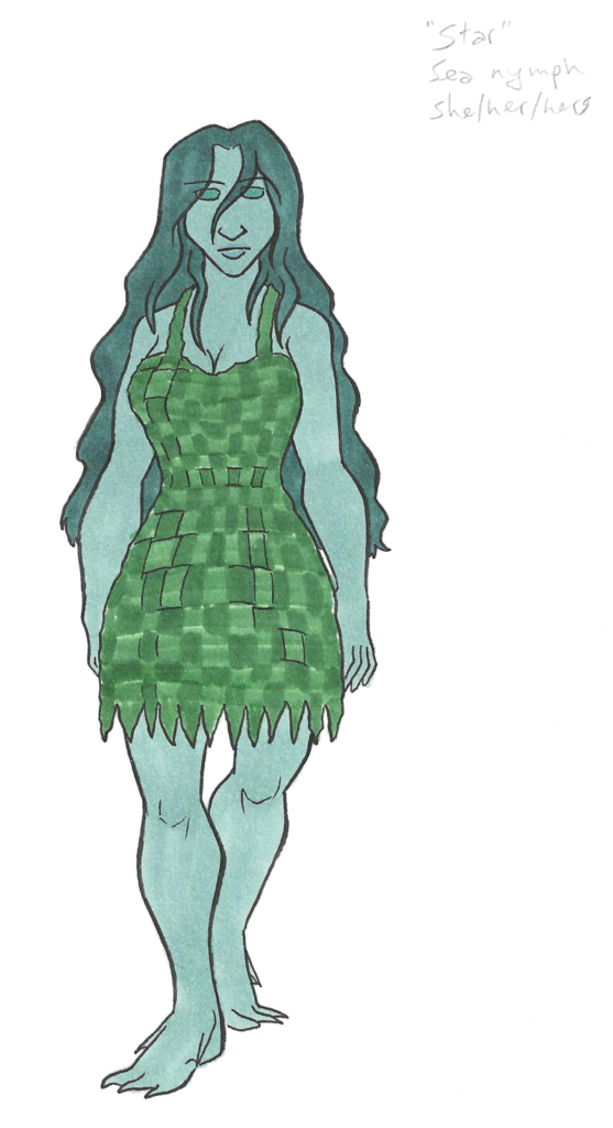 Day 20 - "Star" the sea nymph. She has a woven dress made of seaweed and kelp. Her skin is sea green, her hair long, wavy, and green as seaweed. She has solid blue eyes and webbed toes.