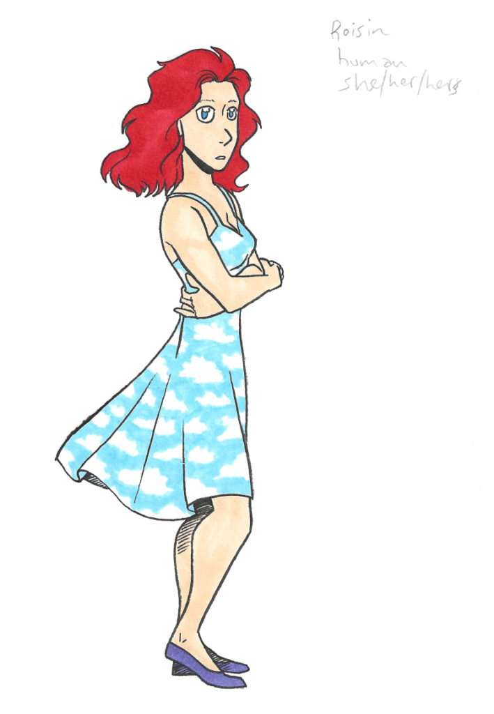 a sketch for inktober day 21. Roisin, a human with pale skin, red hair, and a dress covered in clouds.