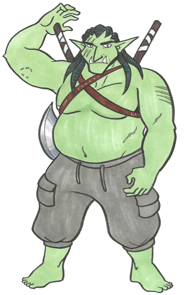 sketch for inktober day 22. Cleaver the orc is enormous, green, and shirtless with two battle axes hung by leather straps off his back.
