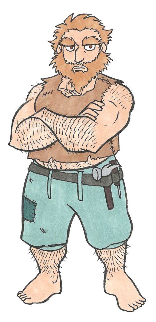 sketch for inktober day 23. Fidget, or Claude Carpenter, is a hairy dwarf man with tattered clothes and a belt full of tools.