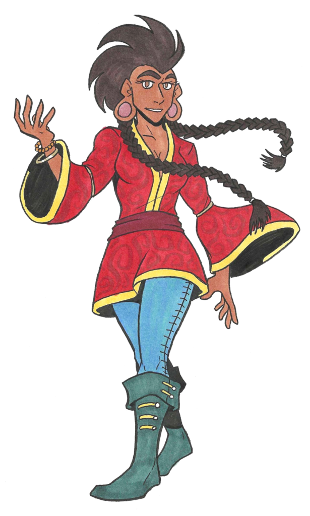 sketch for inktober day 26. Tamril is a dark-skinned young woman with a long mohawk that extends into twin braids.