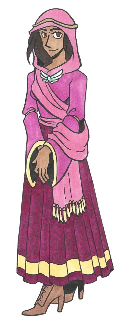 sketch for inktober day 27. Amira Asha Zeinab wears a pink veil and golden crown over long, dark brown hair. Her tan skin is covered by a pink and red dress and pink veil.