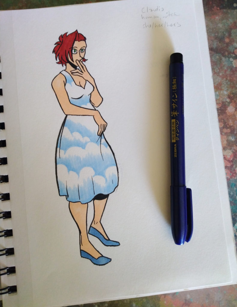 inktober day 2 is a young woman in a dress covered in cloud patterns. She has red hair and a pregnant belly.