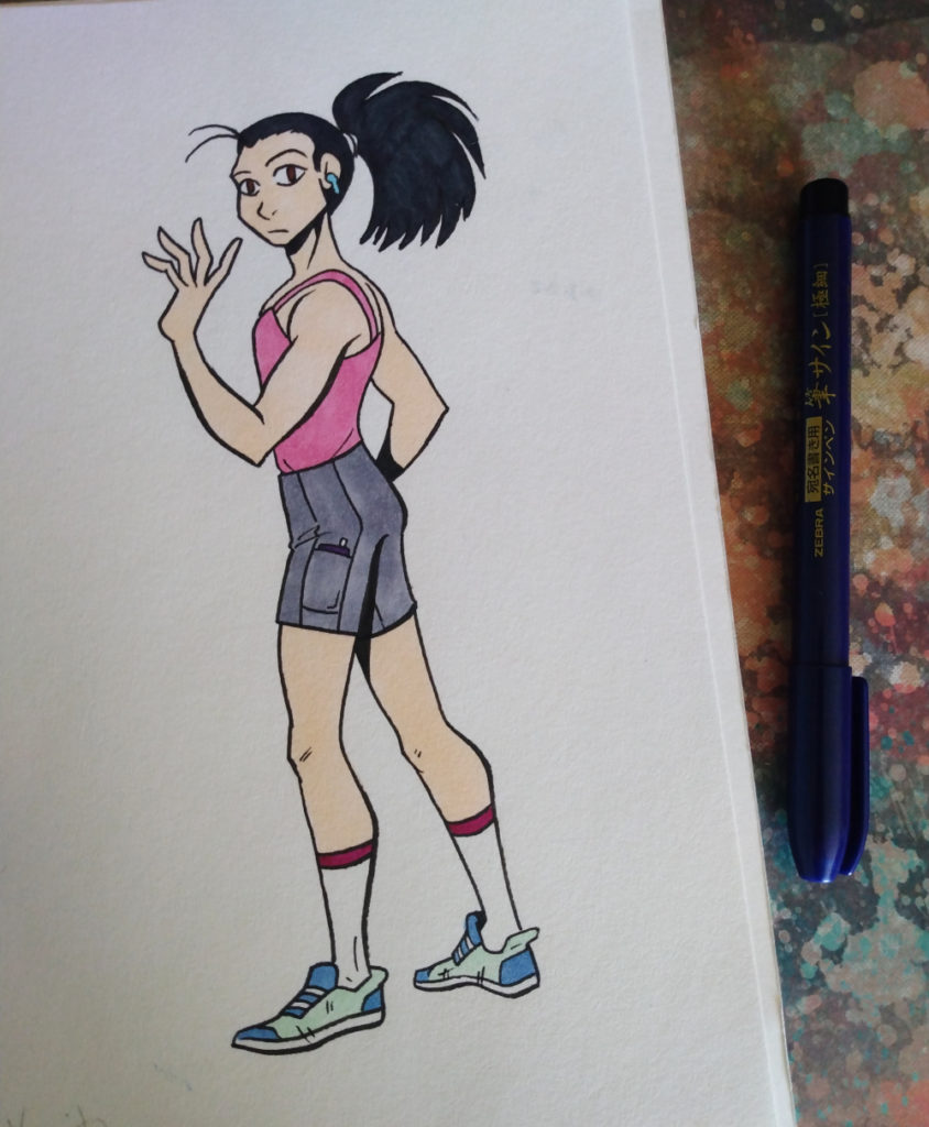 inktober day 3 shows a pale young trans woman in a camisole and jogging shorts.