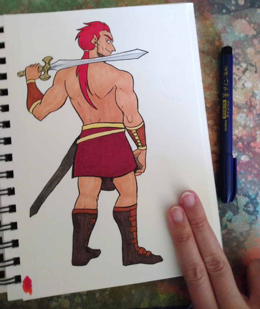 inktober sketch showing a character from the webcomic The Legend of Jamie Roberts. This man stands with his back to the viewer, shirtless, wearing a red kilt and dark leather boots. He holds a sword on his shoulder.
