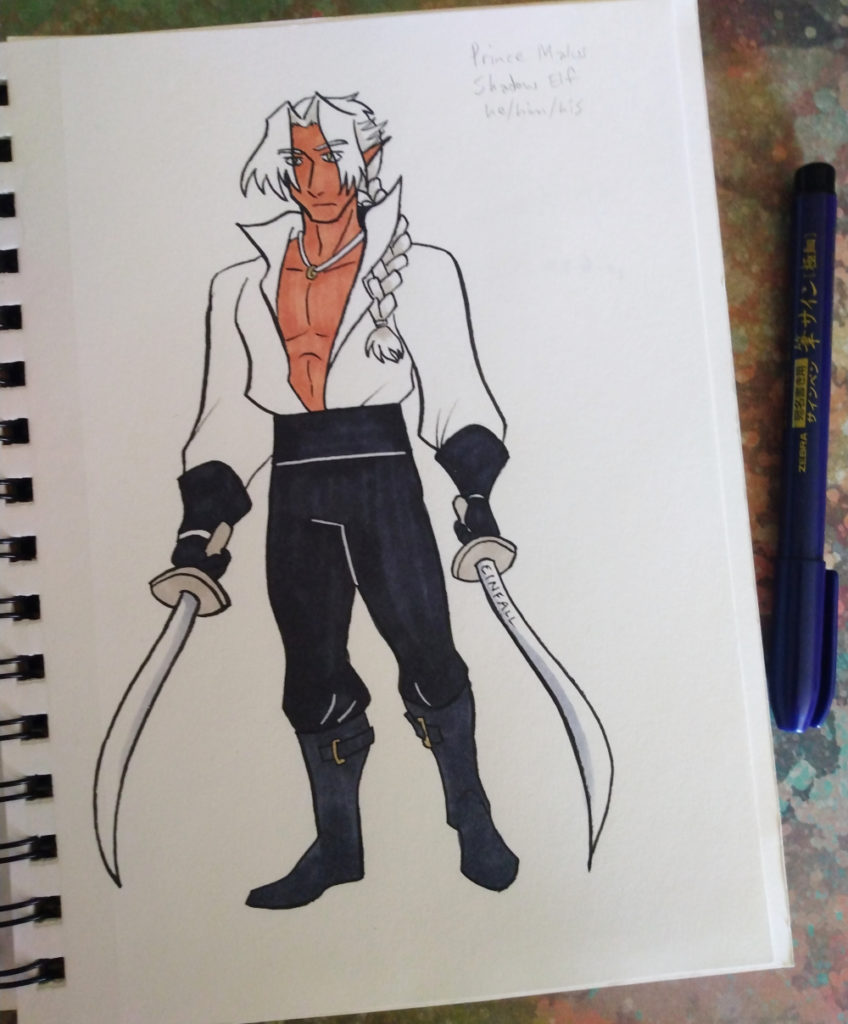 inktober sketch showing a tan elf holding two curved swords. His silver hair is tied back in a braid. He wears a baggy white shirt that's open to show his muscles, and black leather pants, boots, and gloves.