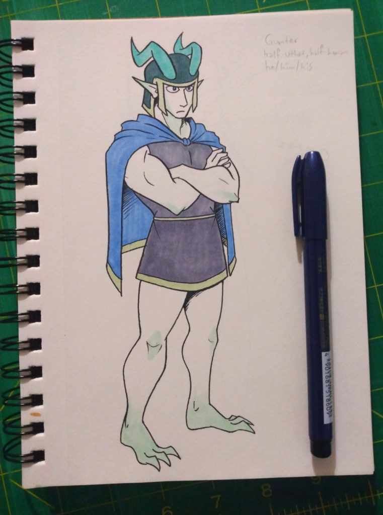 Day 7 is Gunter, a half-man, half-uther from the upcoming comic, The Uthers. Here we see a young man with some thicker muscles, pointed ears, and white skin with tinges of green on the joints. His hands and face look human, but his feet have clawed toes. He wears a gray toga and blue cape with light green trim on it. His horns are turquoise and his helmet is deep green.