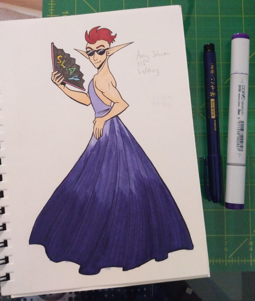 a sketchbook page showing Avery Johnson, an elf man in a flowing purple dress, holding a fan with rainbow text reading "SLAY"