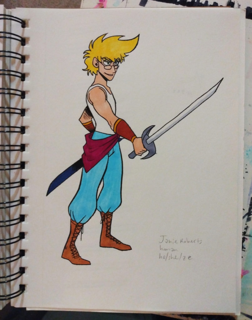 a sketchbook page showing Jamie Roberts, a blonde genderqueer person wielding a sword with a smirk on their face