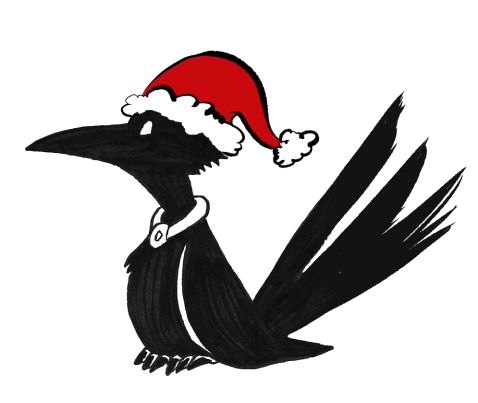 beatrice the crow witch wears a santa hat