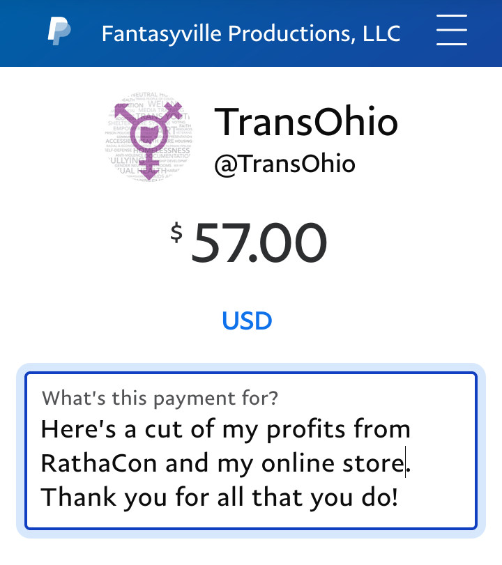 a donation of $57 via PayPal to TransOhio