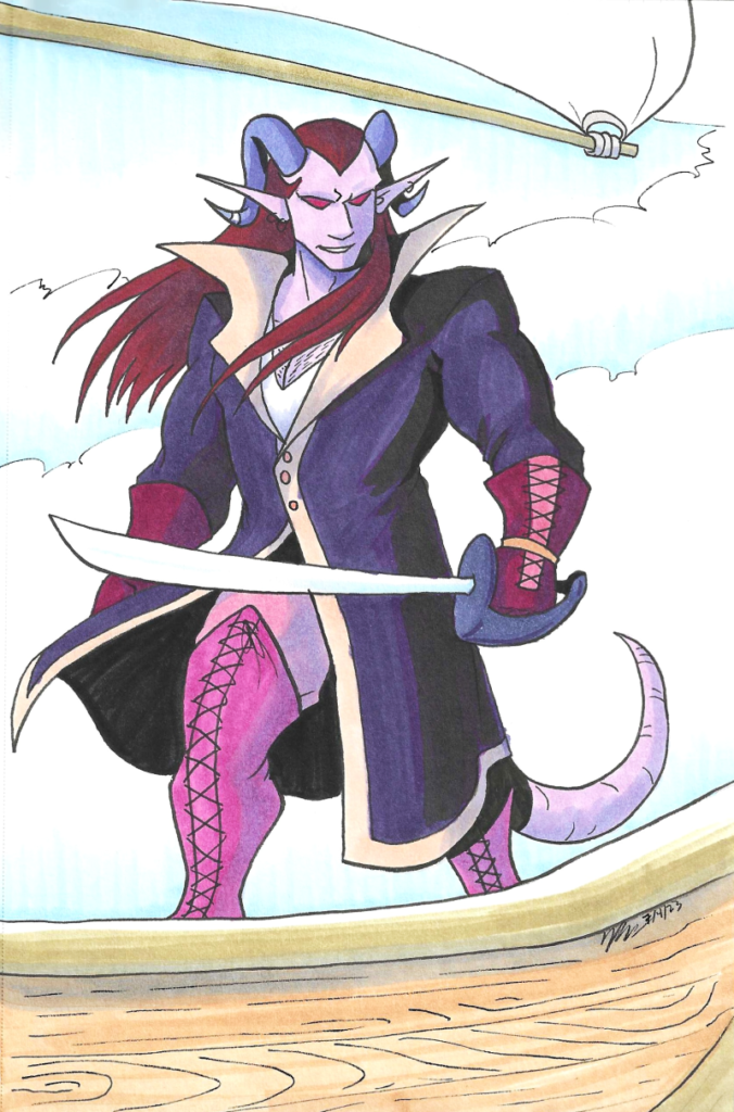 a demon man with thick muscles is dressed as a pirate and smiles as he gazes over the edge of the ship. His dark red hair flows in the breeze, as do the tails of his long, purple coat.