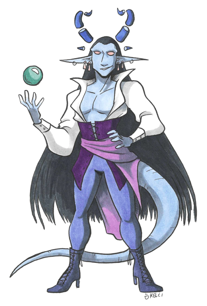 a blue-skinned demon smiles at the viewer while a teal orb floats above his hand. His horns are segmented and float above his head. His long black hair falls in one long wave down his back. He's dressed like a bard from Dungeons and Dragons.