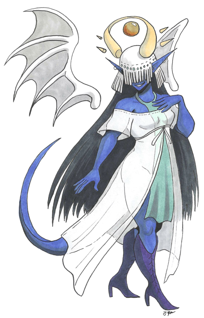 A demon woman with dark blue skin wears a white veil that hides her eyes, but not her smile. Her long black hair cascades down her back, her golden horns floating above her head. She wears a flowing white dress with teal accents, as well as dark purple boots. 