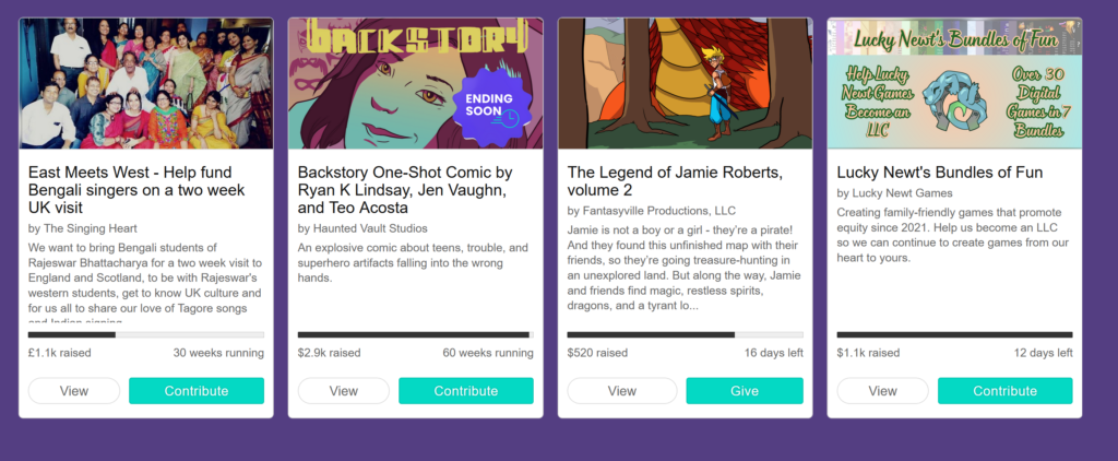 screenshot of Crowdfundr front page, with The Legend of Jamie Roberts, volume 2 featured as a staff pick