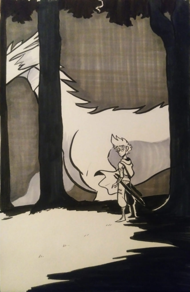 the legend of jamie roberts sketch. This shows Jamie in a cape, standing in grass and surrounded by black trees. In the background, a dragon looms and walks.