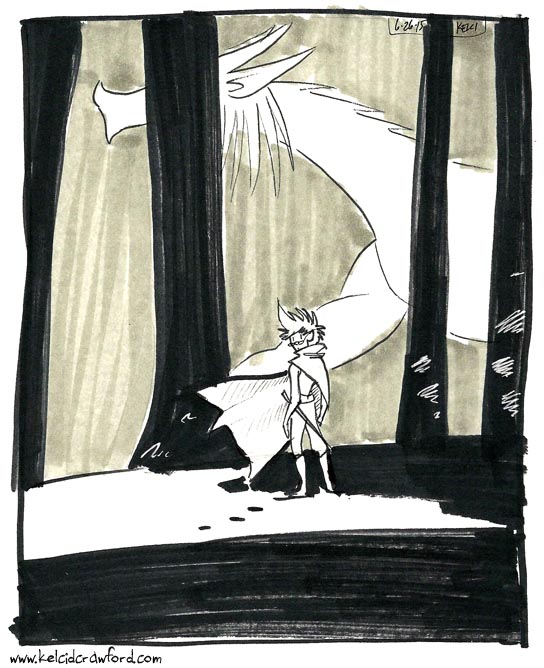the legend of jamie roberts sketch. This shows Jamie in a cape, standing in snow and surrounded by black trees. In the background, a dragon looms and walks.