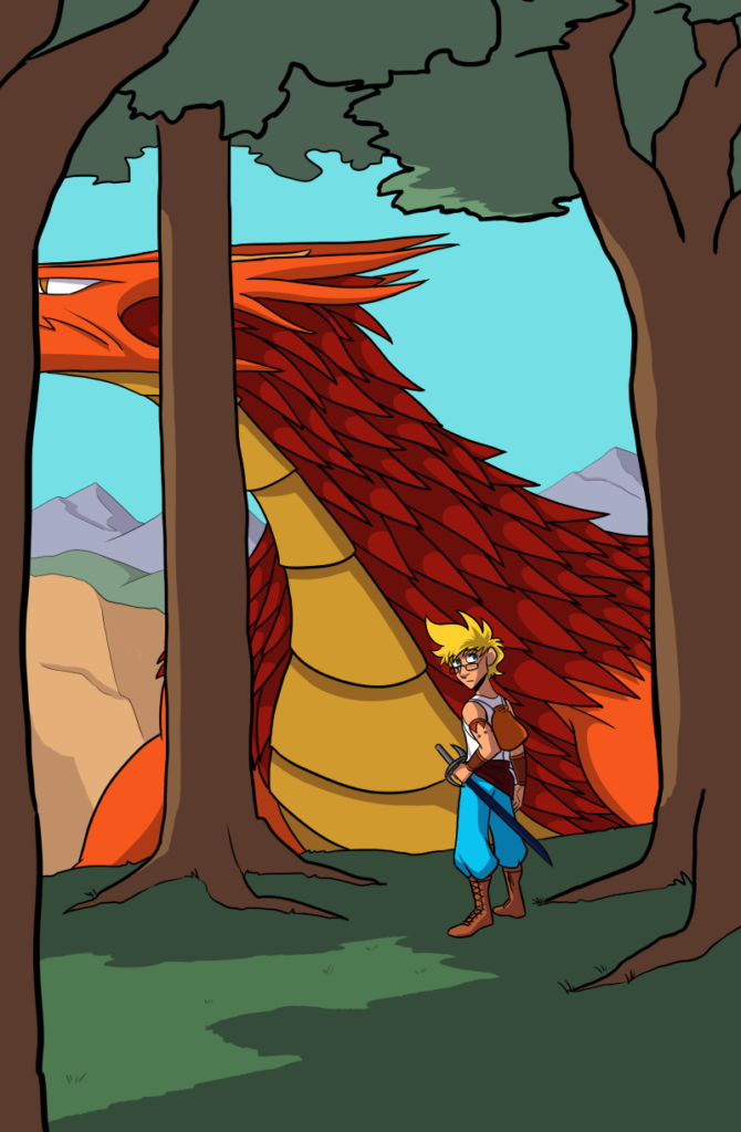 the legend of jamie roberts cover art for volume 2. This shows Jamie Roberts, standing on grass and surrounded by brown trees. In the background, a red and gold dragon looms and walks.
