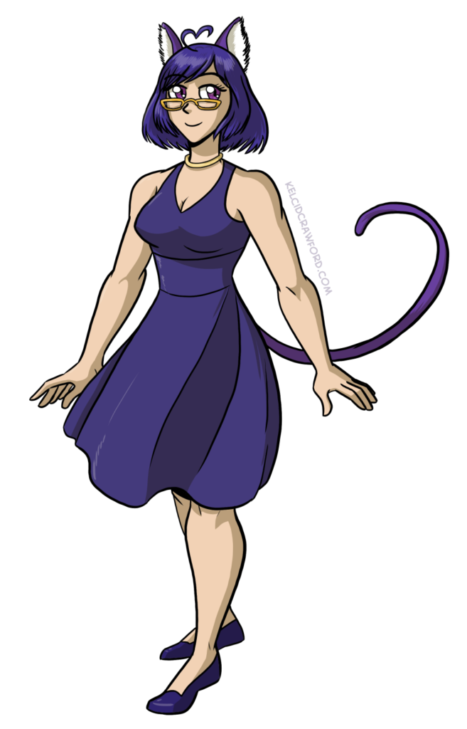 a commission art shows Violet Bit Kitten, a cute girl with pale skin, gold glasses, and purple eyes, wearing a purple dress with purple hair. Her cat ears are also purple.