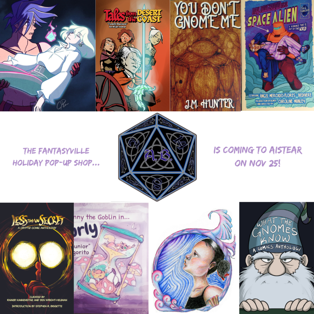 a collection of art from the Fantasyville Holiday Pop-Up Shop frames the announcement, that The pop-up shop is coming to Aistear Brewing on Nov 25