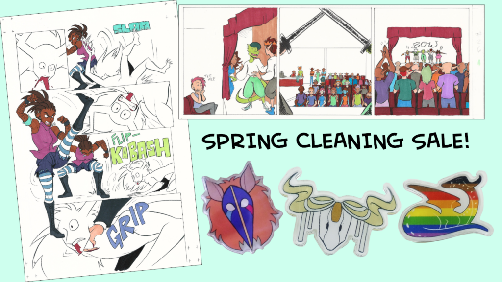 it's the fantasyville spring cleaning sale header! Shown here are the original pages for The Case of the Wendigo and Thoughtful Dinosaur, as well as three pins.