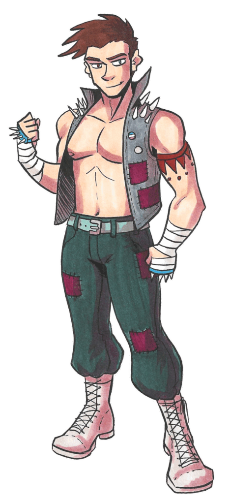 a young man with brown hair and heterochromia wears a vest that shows off his chest muscles, as well as pants covered in patches. He smiles at the viewer