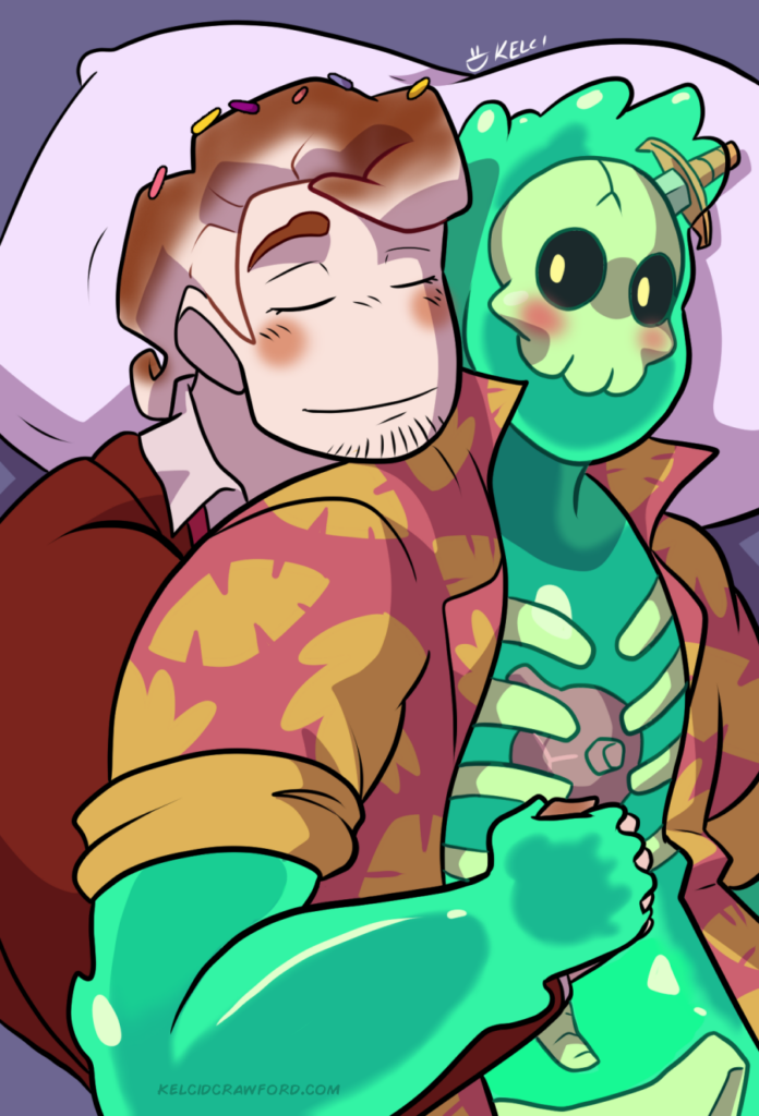 Warm Water, a hot cocoa marshmallow man, cuddles and spoons Doug, a green slime man whose interior skull is blushing. These two are characters from Monster Prom/Monster Camp/Monster Road Trip/Monster Con.
