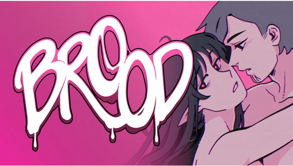 BROOD header, in bright magenta pink, with two topless young men. One gazes at the other, while the other gazes at the viewer.